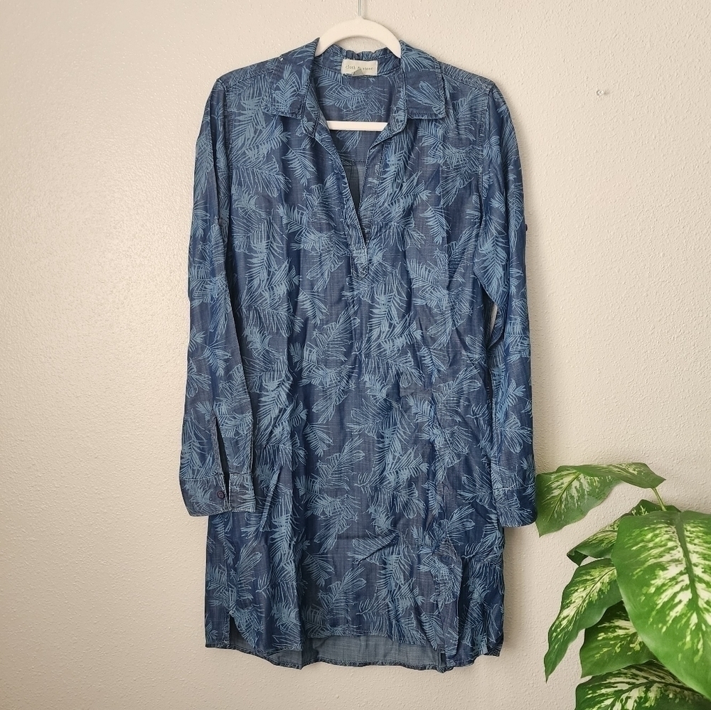 Cloth&Stone Leaf Print Chambray Denim Long Sleeve Button Down Boho Dress M
